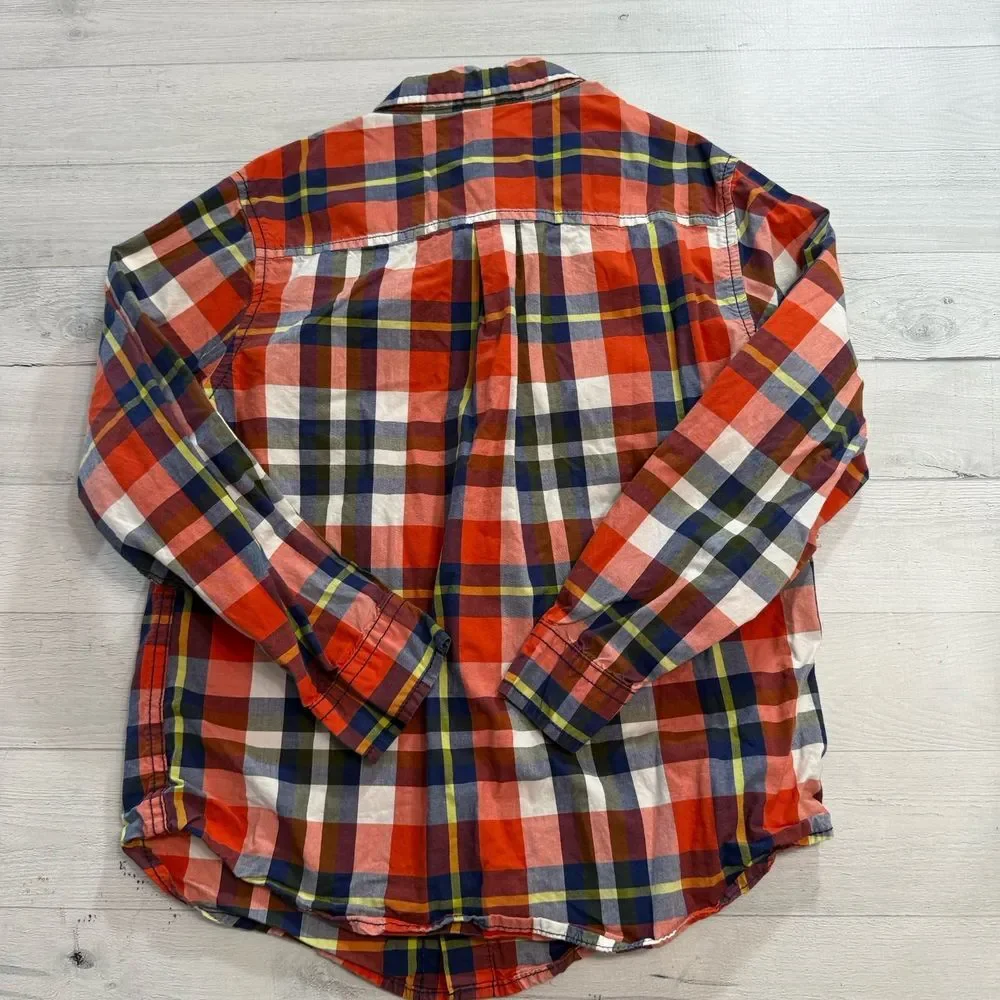 Gymboree boys plaid button down shirt orange navy medium 7/8‎